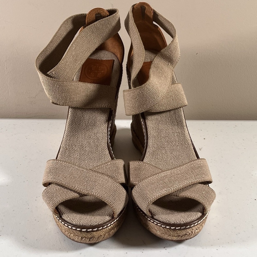 Tory Burch Sandals Womens 9.5 Khaki Frieda Stripe Platform Espadrille Wedge Heel - Picture 5 of 11